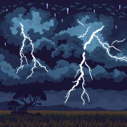 A pixel art style thunderstorm scene featuring large pixels