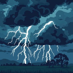 A pixel art style thunderstorm scene featuring large pixels