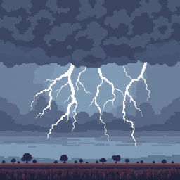 A pixel art style thunderstorm scene featuring large pixels