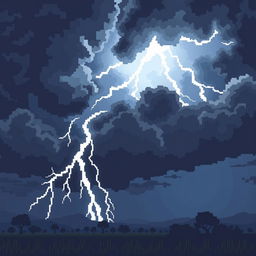 A pixel art style thunderstorm scene featuring large pixels