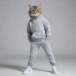 A muscular cat dressed in a matching Adidas sweatpants and sweatshirt set, showcasing a fashionable and athletic appearance.