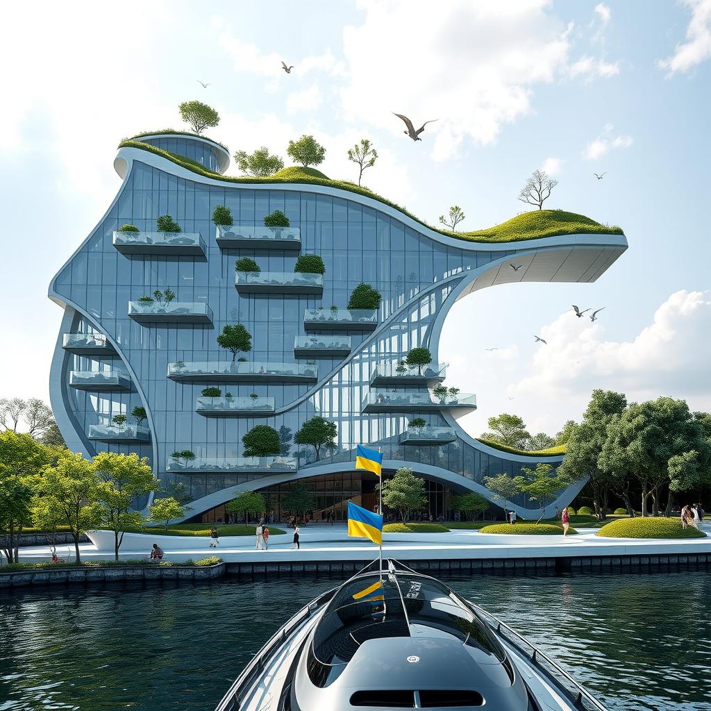 A cutting-edge building designed in the silhouette of the map of Ukraine, featuring a striking opening also shaped like Ukraine