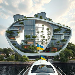 A cutting-edge building designed in the silhouette of the map of Ukraine, featuring a striking opening also shaped like Ukraine