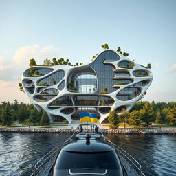 A cutting-edge building designed in the silhouette of the map of Ukraine, featuring a striking opening also shaped like Ukraine