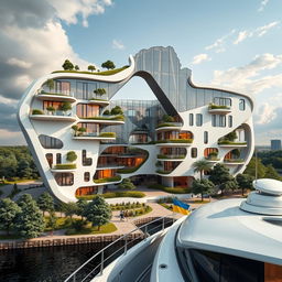 A cutting-edge building designed in the silhouette of the map of Ukraine, featuring a striking opening also shaped like Ukraine