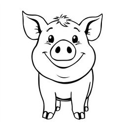 A simple, black and white drawing of a cheerful pig smiling with a bit of mud playfully on its nose