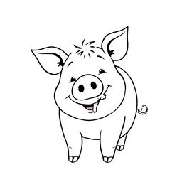 A simple, black and white drawing of a cheerful pig smiling with a bit of mud playfully on its nose