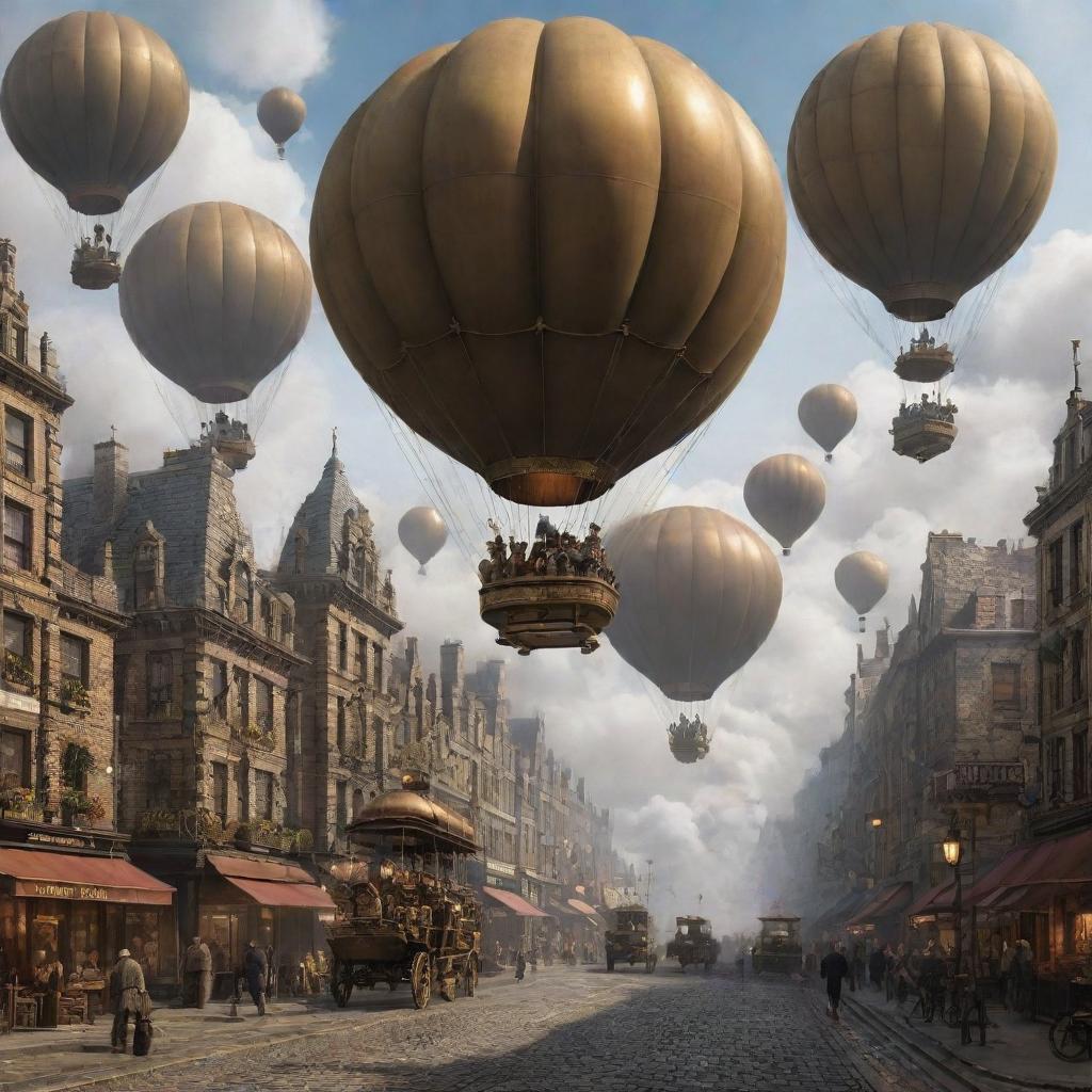 A thriving gaspunk cityscape filled with grand structures with antique brass finishes, high-pressure gas lights lining the streets, airships propelled by large gas-filled balloons floating in the cloud-streaked sky, and steam-powered vehicles carrying citizens through cobbled streets.