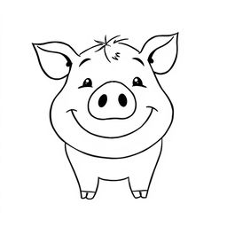 A simple, black and white drawing of a cheerful pig smiling with a bit of mud playfully on its nose