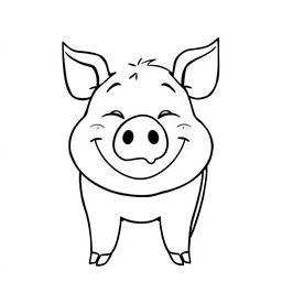 A simple, black and white drawing of a cheerful pig smiling with a bit of mud playfully on its nose