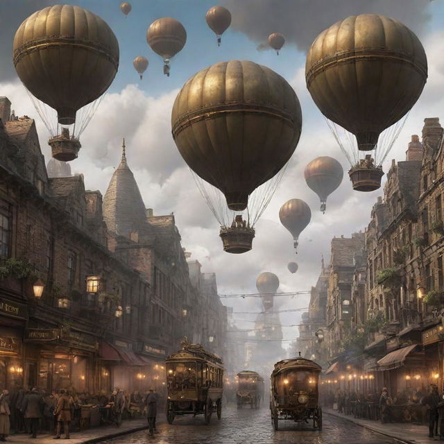 A thriving gaspunk cityscape filled with grand structures with antique brass finishes, high-pressure gas lights lining the streets, airships propelled by large gas-filled balloons floating in the cloud-streaked sky, and steam-powered vehicles carrying citizens through cobbled streets.