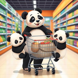 A charming scene of a panda mom shopping with her adorable twin cubs