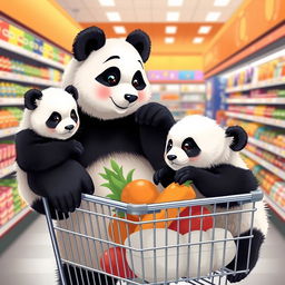 A charming scene of a panda mom shopping with her adorable twin cubs