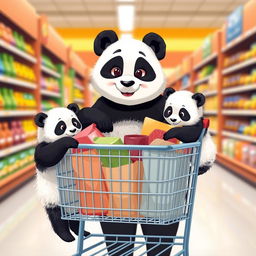 A charming scene of a panda mom shopping with her adorable twin cubs