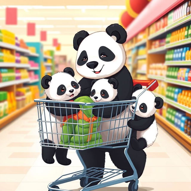 A charming scene of a panda mom shopping with her adorable twin cubs