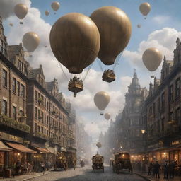 A thriving gaspunk cityscape filled with grand structures with antique brass finishes, high-pressure gas lights lining the streets, airships propelled by large gas-filled balloons floating in the cloud-streaked sky, and steam-powered vehicles carrying citizens through cobbled streets.