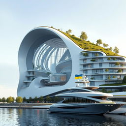 An extraordinary architectural masterpiece inspired by the map of Ukraine, with its silhouette prominently featured in the structure's design