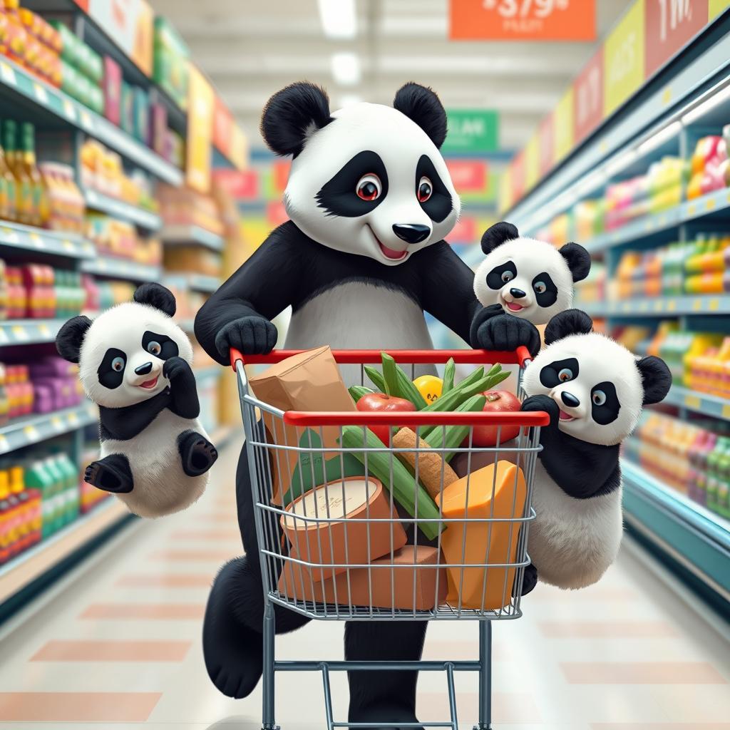 A delightful scene of a slim panda mom going shopping with her twin cubs