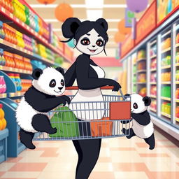 A delightful scene of a slim panda mom going shopping with her twin cubs