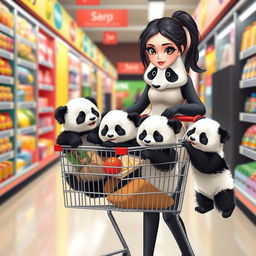 A delightful scene of a slim panda mom going shopping with her twin cubs