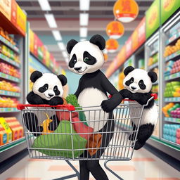 A delightful scene of a slim panda mom going shopping with her twin cubs