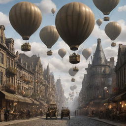 A thriving gaspunk cityscape filled with grand structures with antique brass finishes, high-pressure gas lights lining the streets, airships propelled by large gas-filled balloons floating in the cloud-streaked sky, and steam-powered vehicles carrying citizens through cobbled streets.