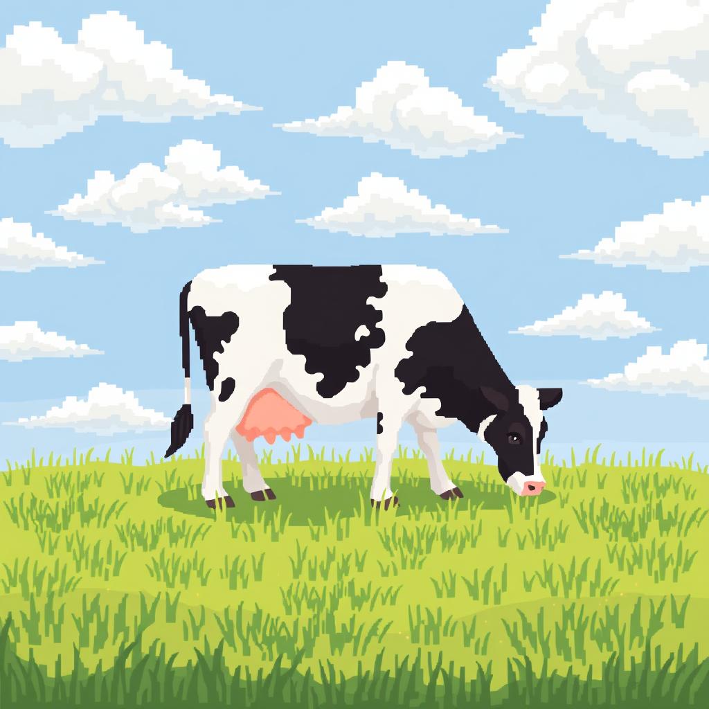 Pixel art of a cow grazing in a lush, green field under a cloudy sky