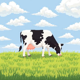 Pixel art of a cow grazing in a lush, green field under a cloudy sky