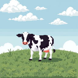 Pixel art of a cow grazing in a lush, green field under a cloudy sky