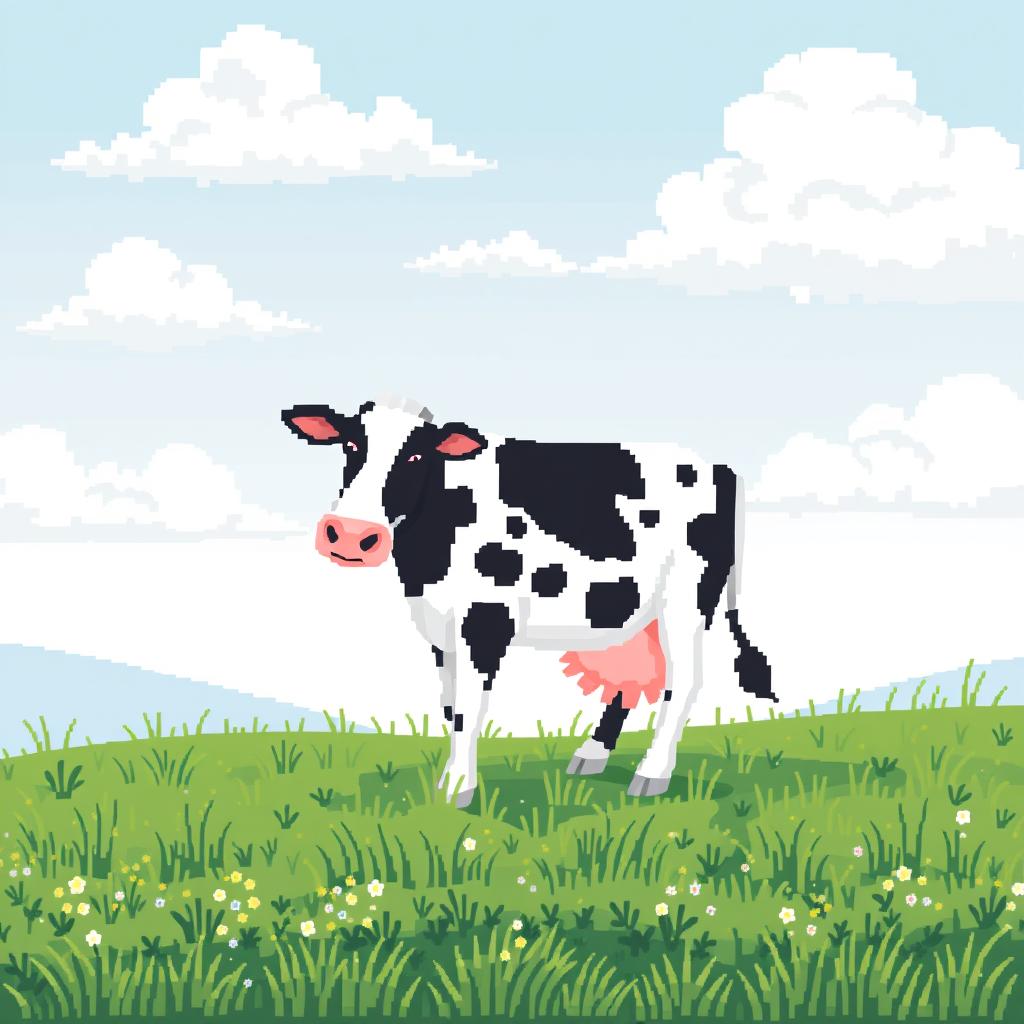 Pixel art of a cow grazing in a lush, green field under a cloudy sky