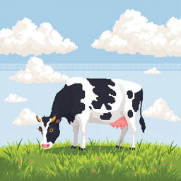 Pixel art of a cow grazing in a lush, green field under a cloudy sky