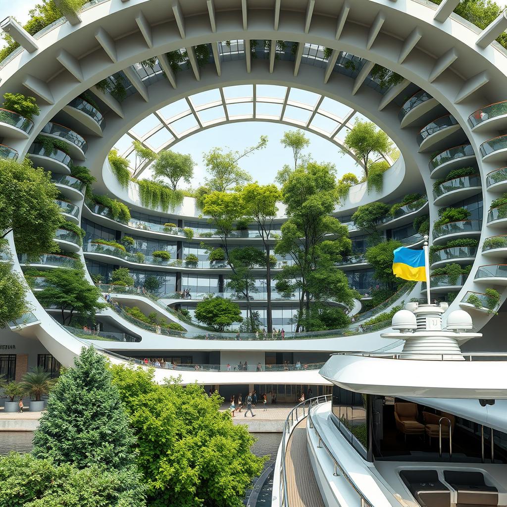 A visionary architectural structure crafted to mirror the map of Ukraine, featuring a prominent opening in the shape of the country