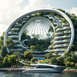 A visionary architectural structure crafted to mirror the map of Ukraine, featuring a prominent opening in the shape of the country