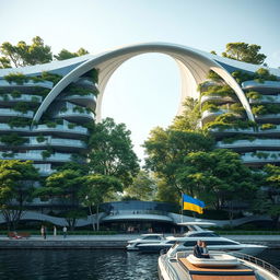 A visionary architectural structure crafted to mirror the map of Ukraine, featuring a prominent opening in the shape of the country