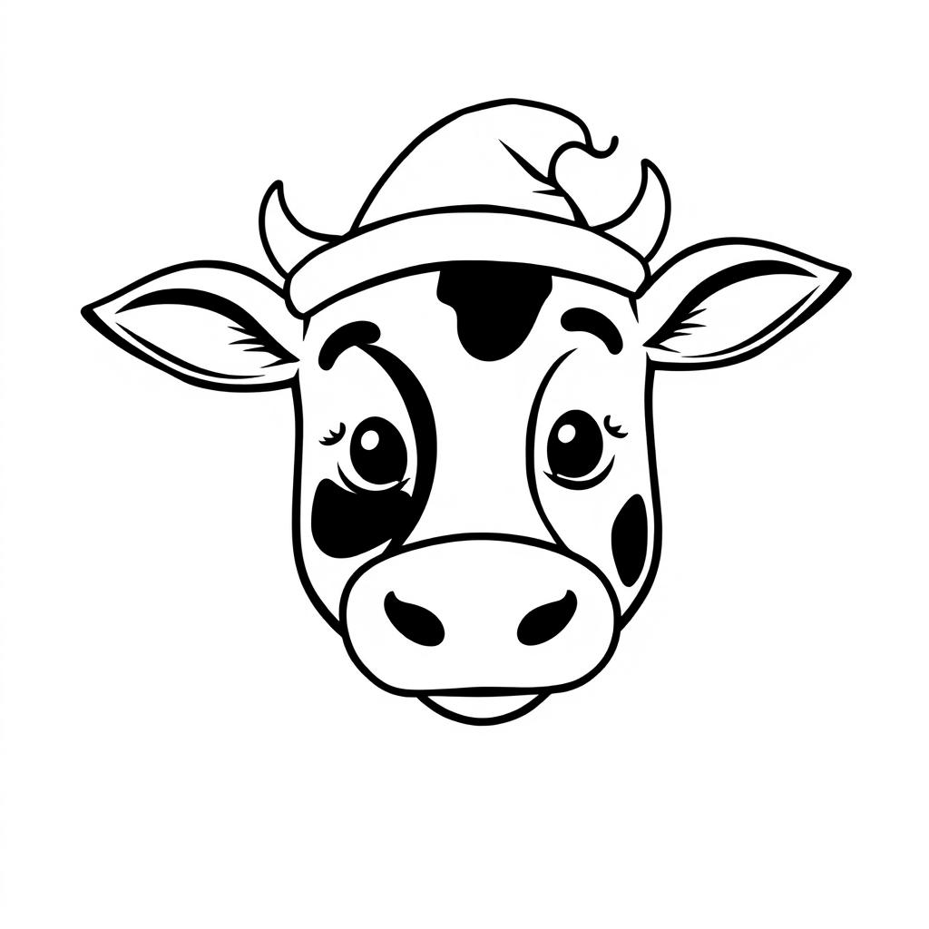 A simple black and white line drawing of a cow wearing a funny hat