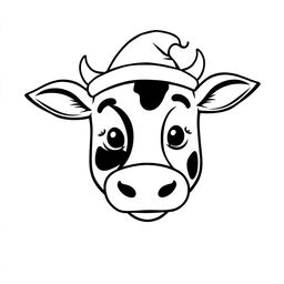 A simple black and white line drawing of a cow wearing a funny hat