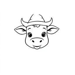 A simple black and white line drawing of a cow wearing a funny hat