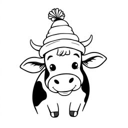 A simple black and white line drawing of a cow wearing a funny hat