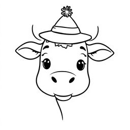 A simple black and white line drawing of a cow wearing a funny hat