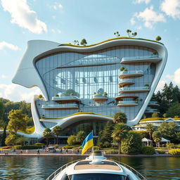 A visionary architectural masterpiece shaped to mirror the map of Ukraine, featuring a prominent opening that embodies the country's silhouette