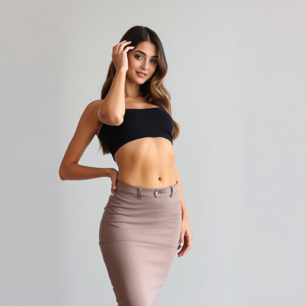 A woman posing confidently, showcasing her toned abdomen and stylish outfit