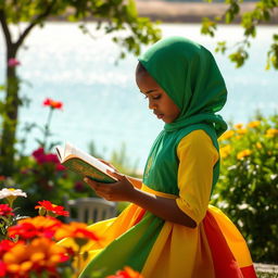 A picturesque scene of a young Ethiopian girl, dressed in a stunning green, yellow, and red dress resembling the Ethiopian flag