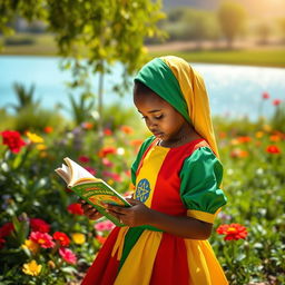 A picturesque scene of a young Ethiopian girl, dressed in a stunning green, yellow, and red dress resembling the Ethiopian flag