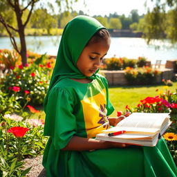 A picturesque scene of a young Ethiopian girl, dressed in a stunning green, yellow, and red dress resembling the Ethiopian flag