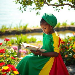 A picturesque scene of a young Ethiopian girl, dressed in a stunning green, yellow, and red dress resembling the Ethiopian flag