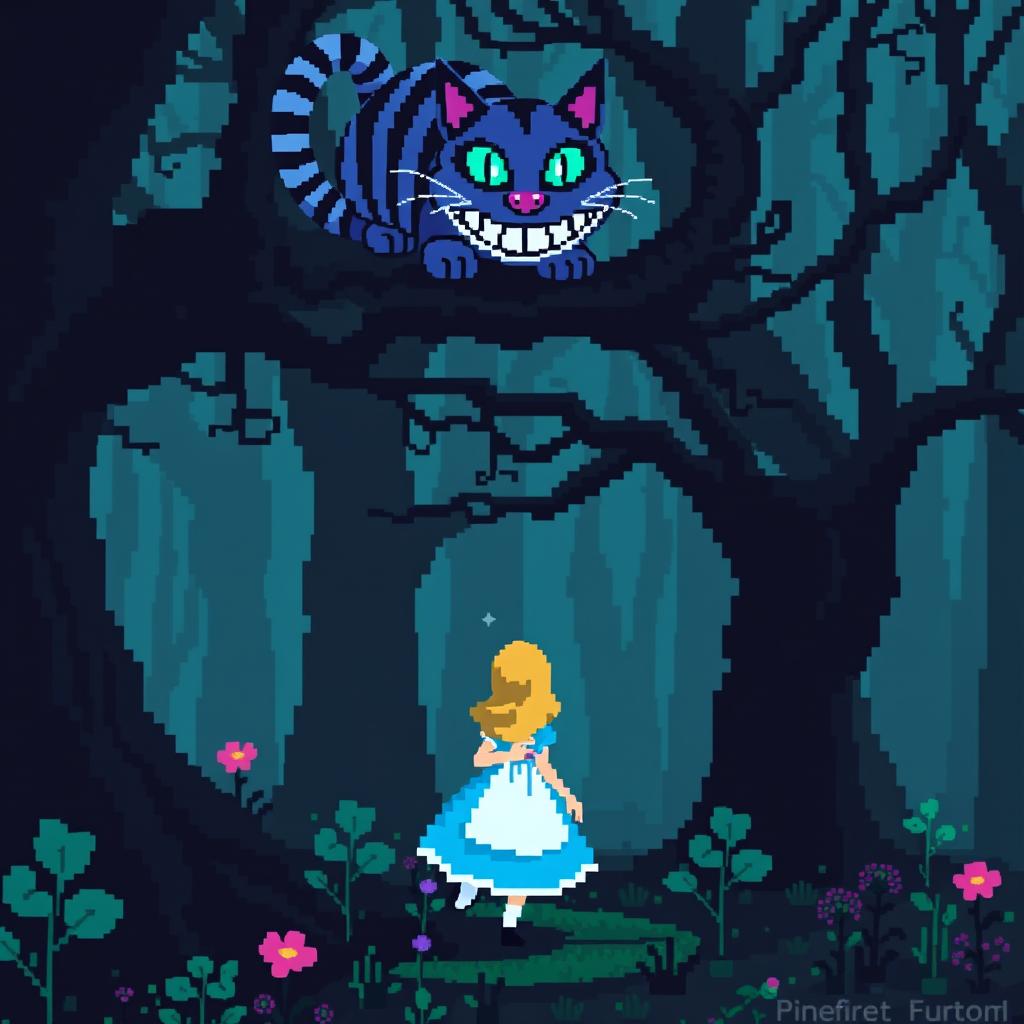 A pixel art scene of Alice in Wonderland walking through a dark, mystical forest