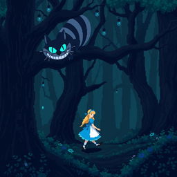 A pixel art scene of Alice in Wonderland walking through a dark, mystical forest