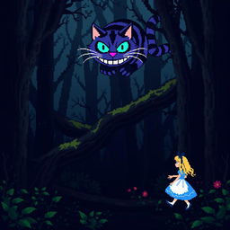 A pixel art scene of Alice in Wonderland walking through a dark, mystical forest