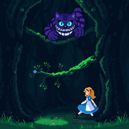 A pixel art scene of Alice in Wonderland walking through a dark, mystical forest