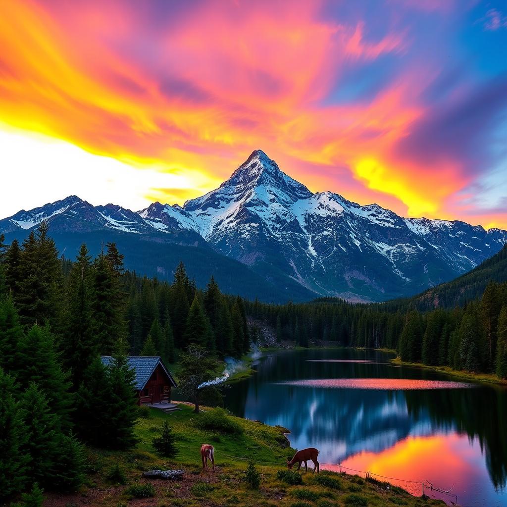 A majestic mountain range towering under a vibrant sunset, with layers of orange, pink, and purple painted across the sky